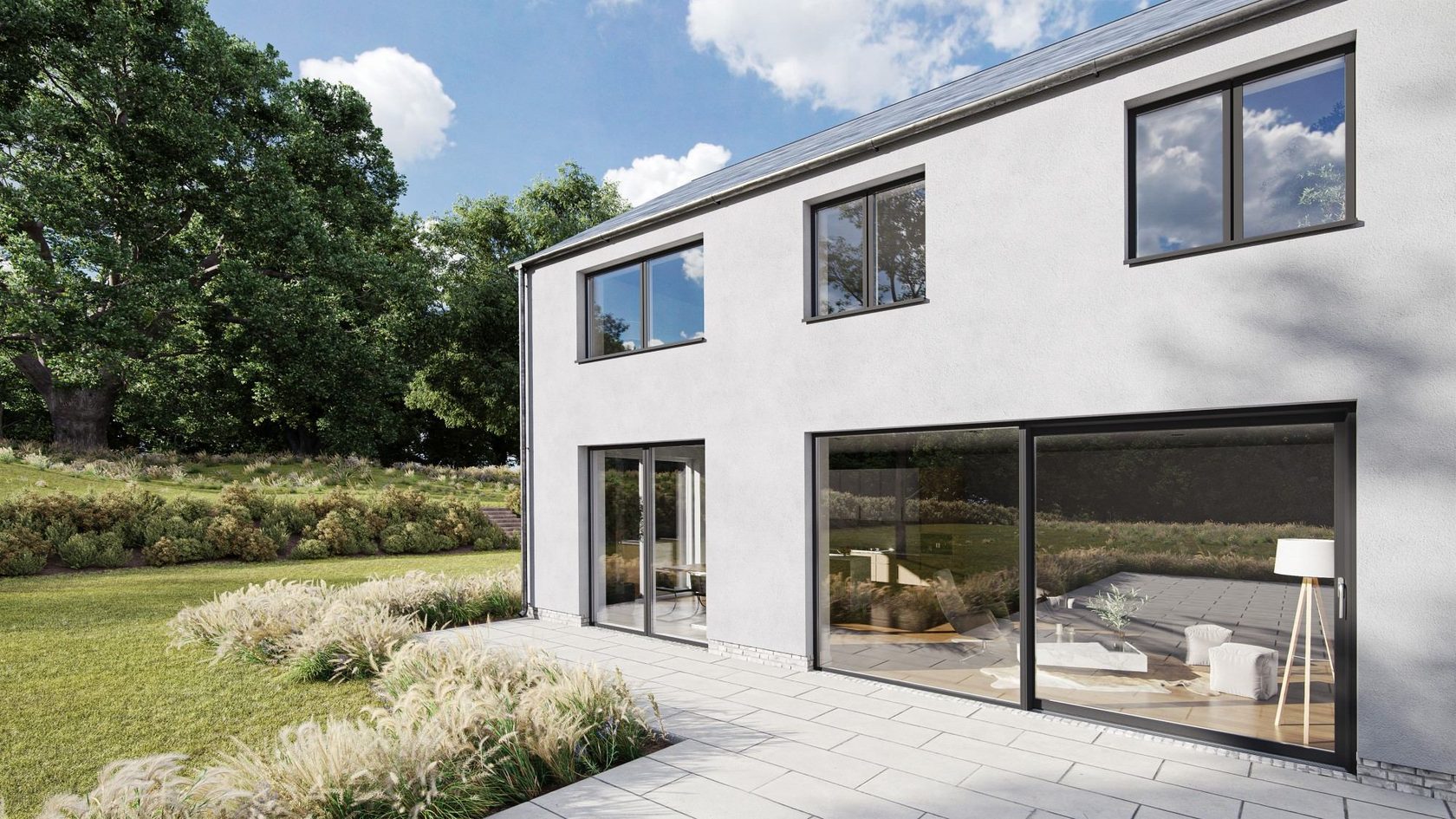 VELFAC lift and slide doors opening a white rendered house onto a terrace